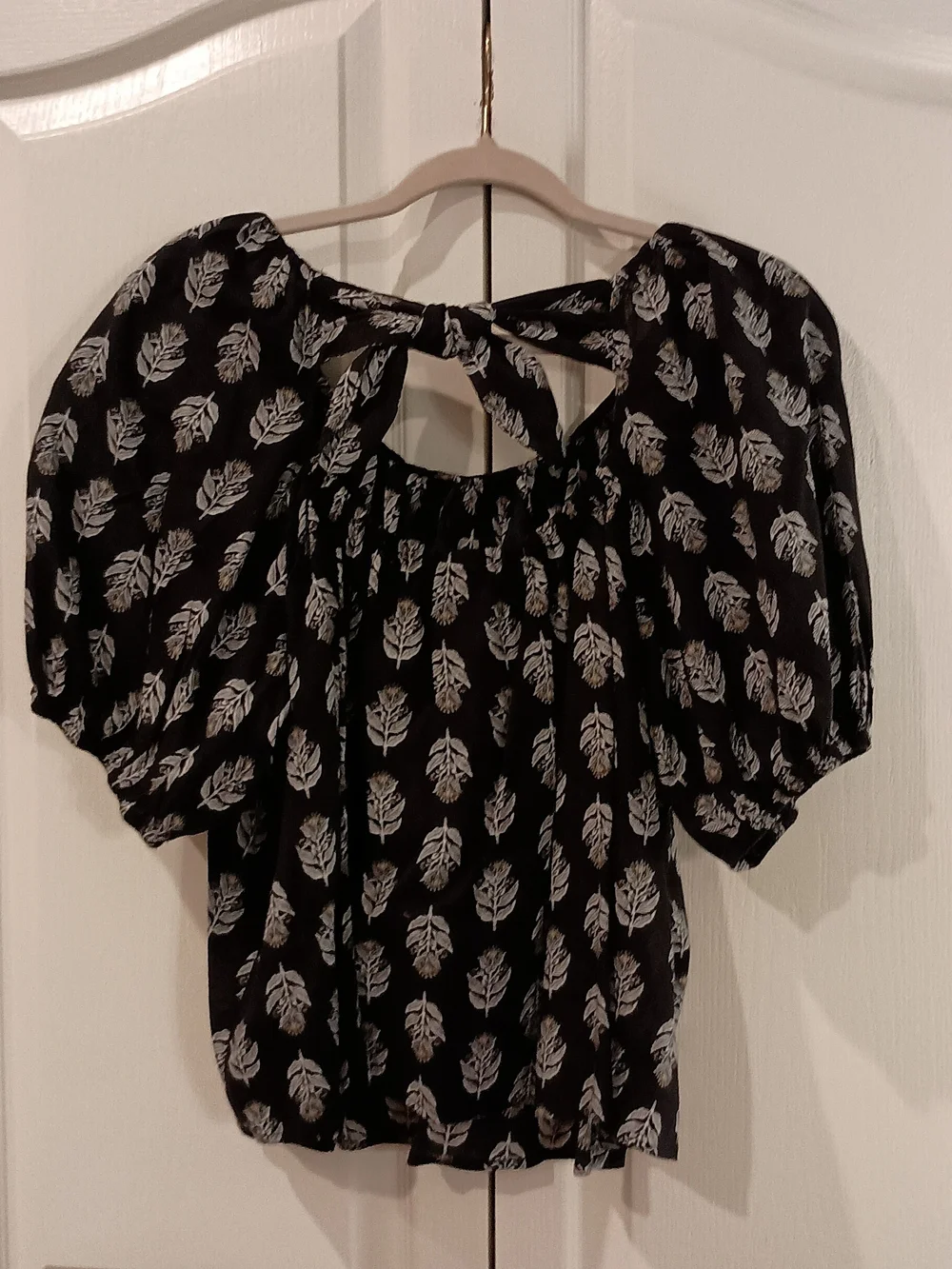 Old Navy Black Blouse with White Leaf Print